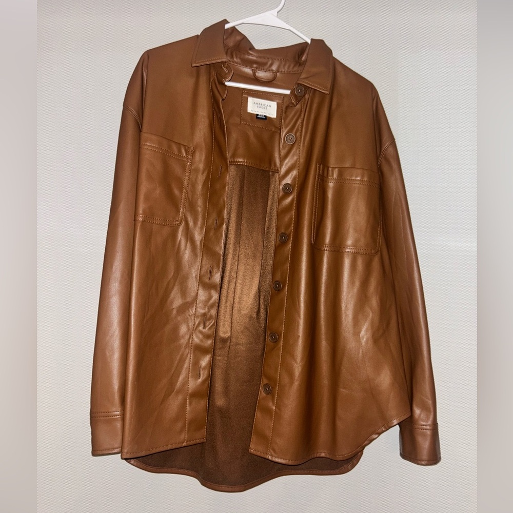 American Eagle Outfitters Brown Faux Leather Button Up Jacket